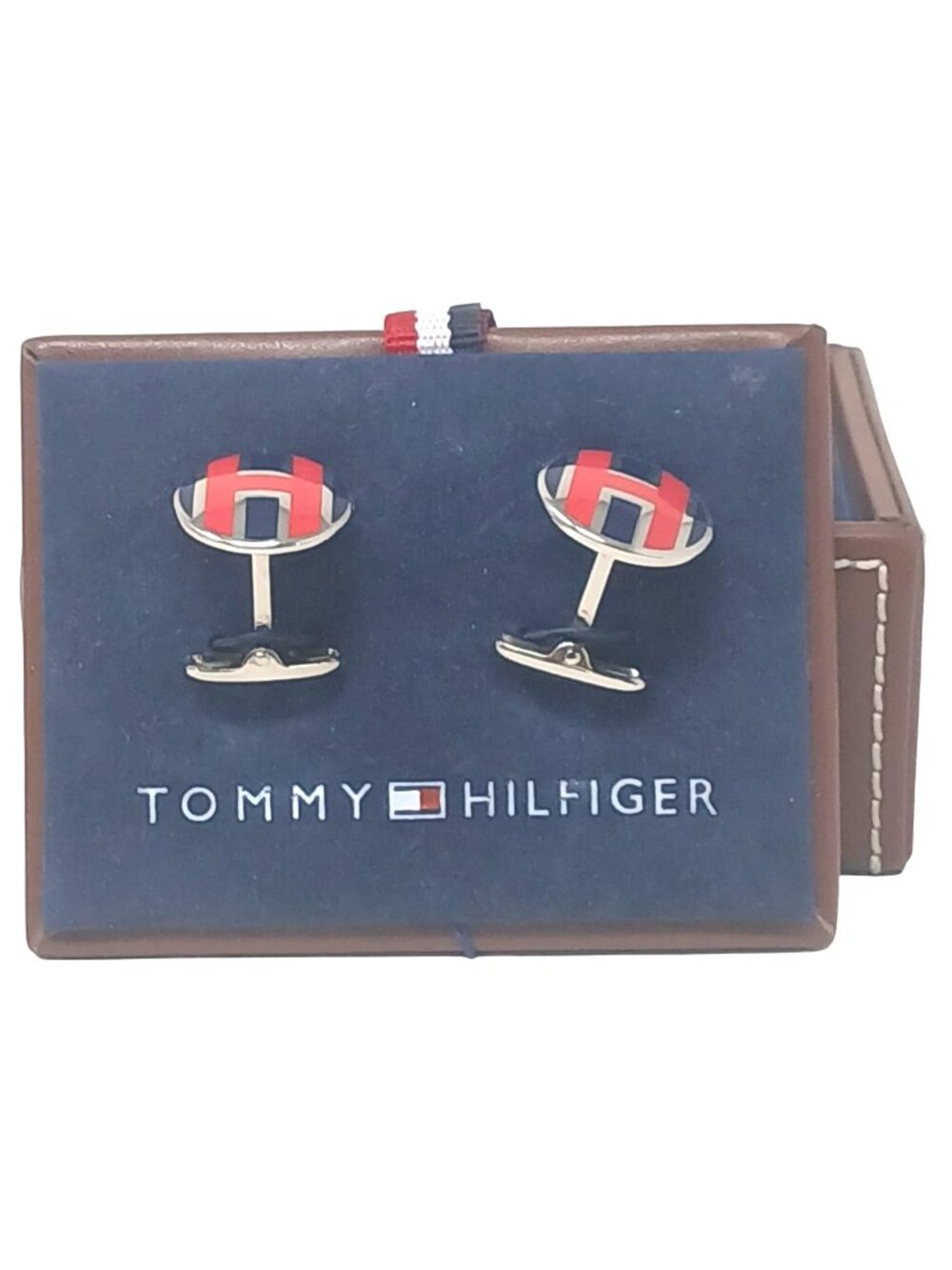 Tommy Hilfiger Cufflinks Oval Logo Red Blue H Design with Box VIntage #J-7